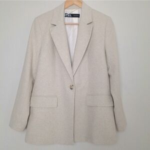 Zara Linen Blend Micro Herringbone Cream One Button Blazer